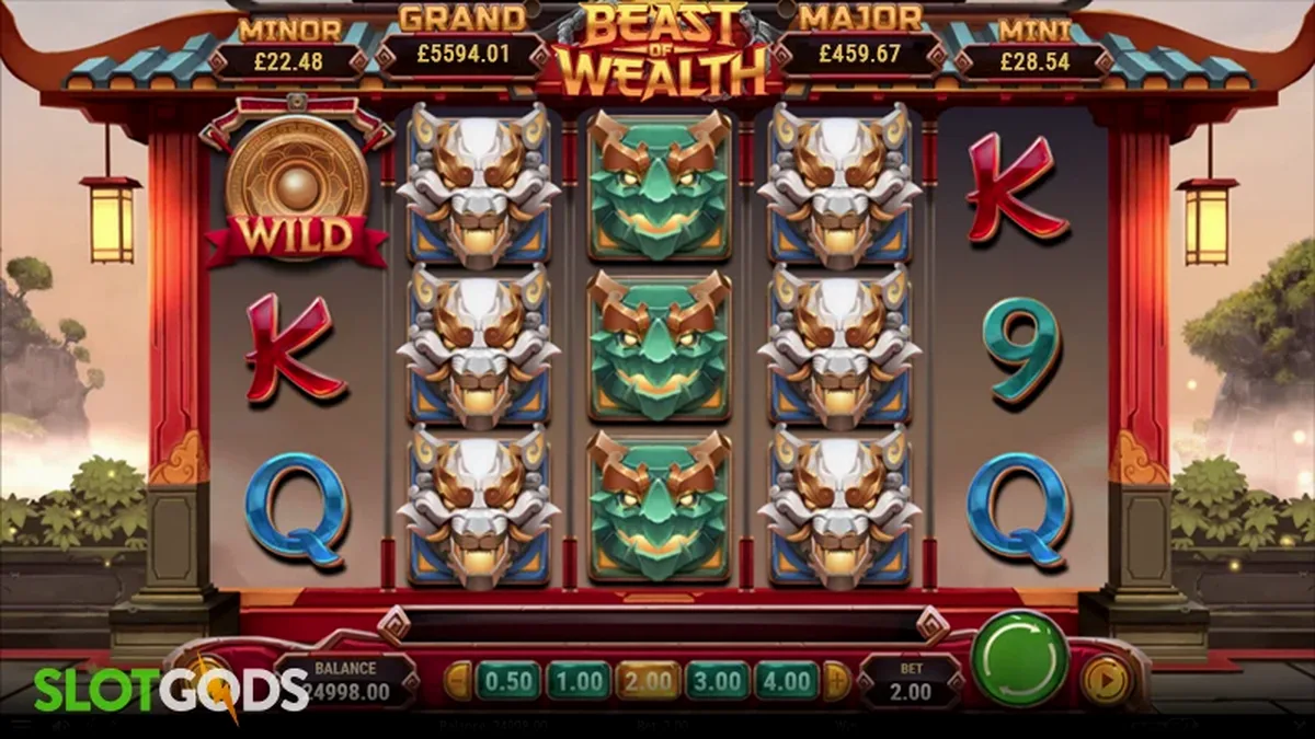 Beast of Wealth slot machine interface na may mga guardian symbols